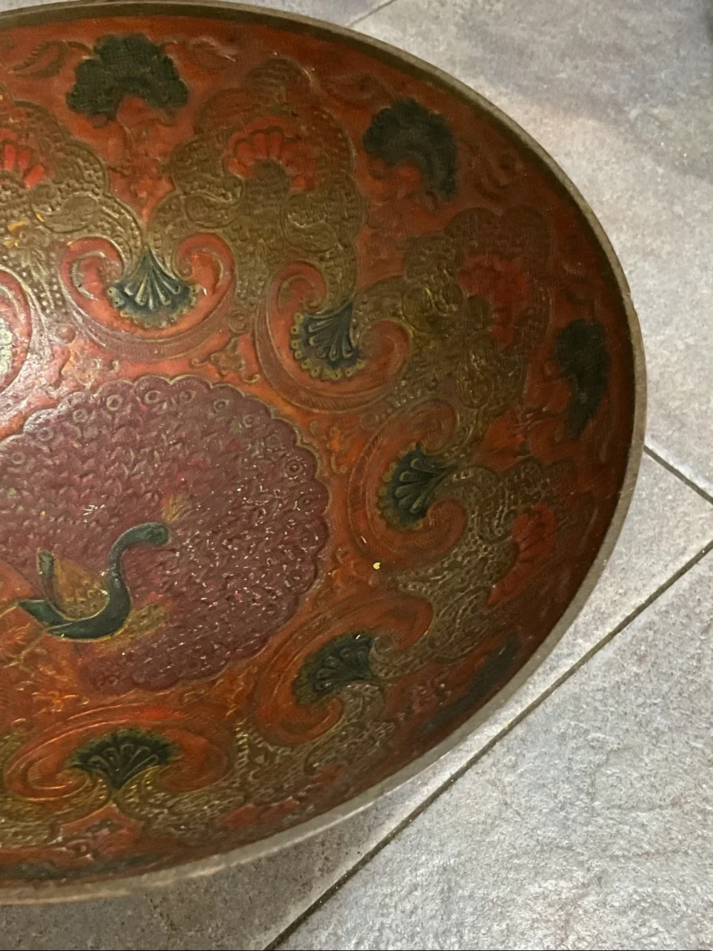Decorative Brass Pedestal Bowl with Red and Green Enamel